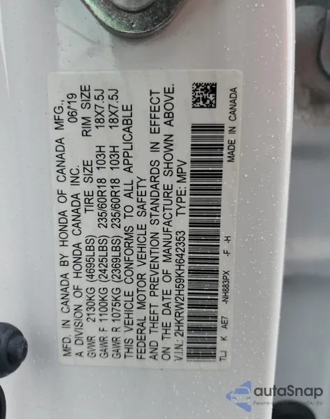 2019 Honda Cr-V Ex from USA, damaged, VIN 2HKRW2H59KH642353